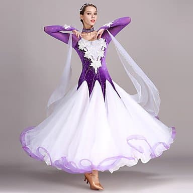 YYWUDAOQUN TT&amp;Dance Dresses Ballroom Dance Dresses Women's Training Performance Tulle Velvet Appliques Crystals/Rhinestones Long Sleeves High Dress Neckwear, s