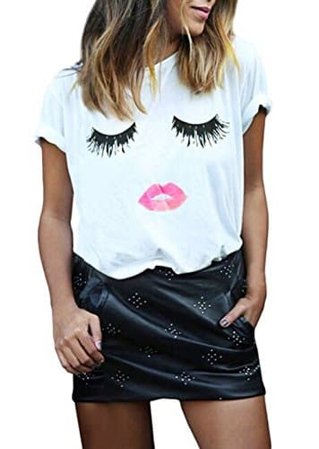 Arrowhunt Womens Short Sleeve Eyelash Lips Loose T-shirt White
