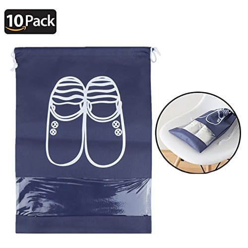 AllSpes Travel Shoe Bags,10 Pack Waterproof Dust-proof Shoe Storage Bags with Drawstring & Transparent Window for Boots & High Heel.Women Men Shoes Organizer Bags Space-saving,L / 44 x 33cm,Deep Blue