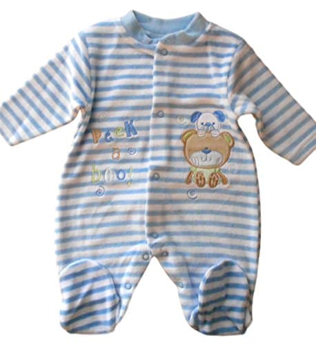 Newborn NB months - Baby Boys Blue Striped Cute Bear and Dog Velour Sleepsuit
