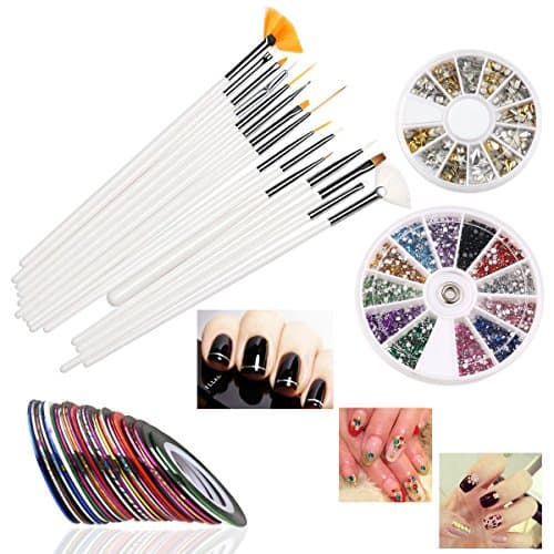 RUIMIO 30 Nail Tape, 15 Nail Brush, 12 Colors Nail Rhinestones, 3D Nail Art Gold / Silver Studs