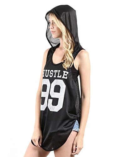 DREAM SUPPLY Women's Racerback Hood Mesh Tank Top with HUSTLE 99 (Large, Black_FBMerchant)