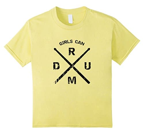 Kids Girls Can Drum Drummer T-Shirt - Trendy Crossed Drum Sticks 8 Lemon