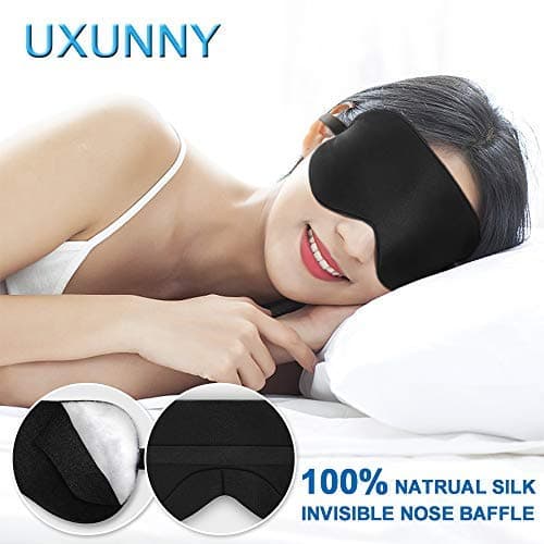 Silk Sleep Mask, UXUNNY 100% Natural Mulberry Silk Eye Masks for Sleeping, Super-Smooth Black Eye Cover Help to Block Out 99.99% Light, Relaxing Blindfold with Invisible Nose Baffle (Black)