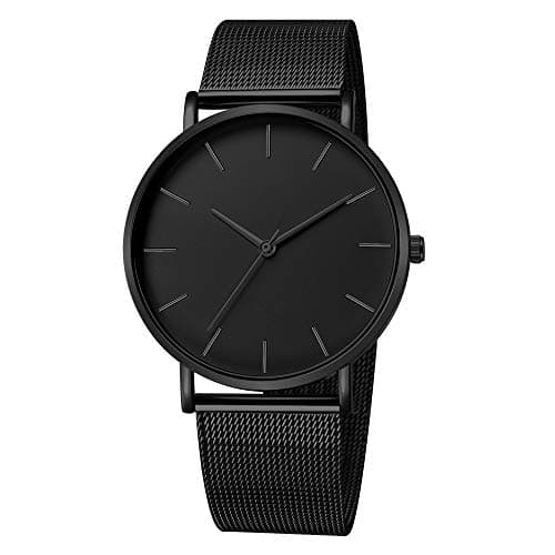 Kariwell Mens Women Fashion Minimalist Wrist Watches, Stainless Steel Quartz Waterproof Black Mesh Strap Watch