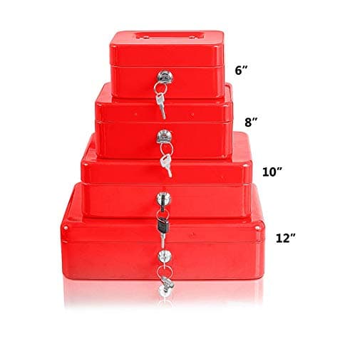 Metal Security Cash Box Money Bank with Coin Tray Steel Tin Petty Safe Lockable (Red, 10" Inch)