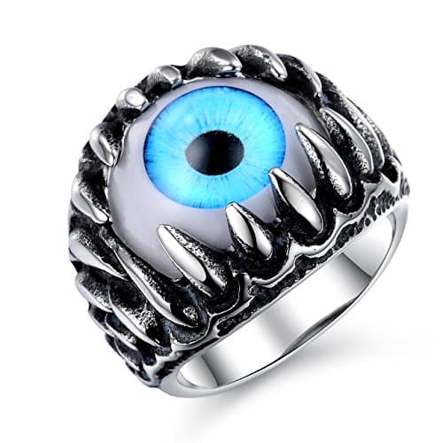 EnM Jewelry Vintage Men's Stainless Steel Ring Gothic Blue Evil Eye in Dragon Teeth Punk Biker Ring 10