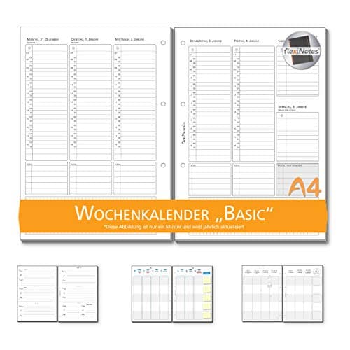 flexiNotes 2019 A4 Weekly Calendar Insert: Basic, 1 Week 2 Pages Basic