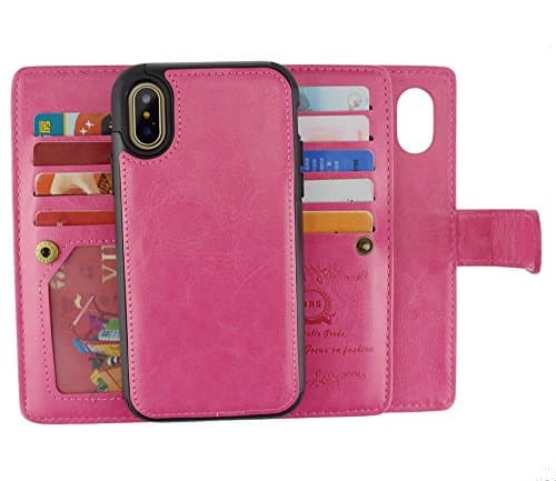 iPhone X/XS Wallet Case, HYSJY Flip Leather Purse with Wrist Strap 9 Card Slots Magnetic Detachable Removable Slim Shockproof Protective Cover for iPhoneX/XS (Rose)