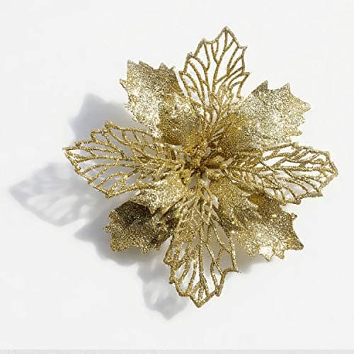 DERVONUNS Poinsettia Christmas Decorations Christmas Flowers Glitter Christmas Tree Decorations and Ornaments (12 Pack)(Gold)