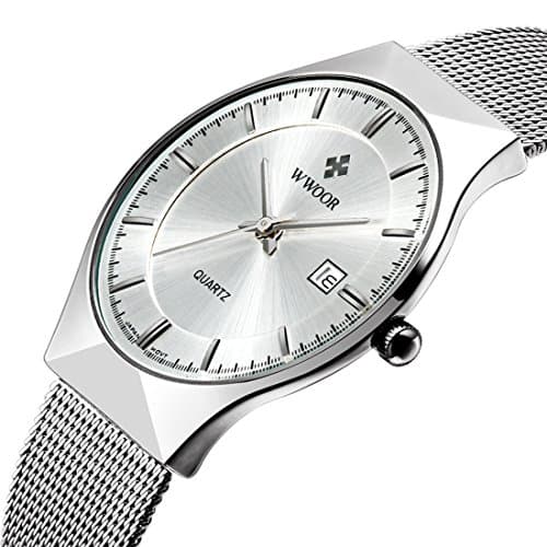 Watches Mens Military Stainless Steel Mesh Band Auto Calendar Quartz Silver Big Face Wrist Watch for Men