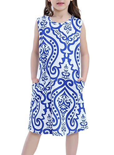 STKAT Girl's Summer Sleeveless Crew Neck Damask Print Pockets Loose Casual Tunic T-Shirt Dress