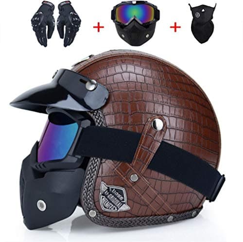 DUBAOBAO Motorcycle electric helmet, retro Harley four seasons half helmet, removable and washable earmuffs, electric sun protection helmet, helmet goggles gloves mask set of 4