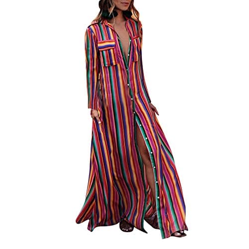 Hunzed Women【Color Strip Dress】 Womens Boho Striped Maxi Dress Long Sleeve Long Dresses with Pockets