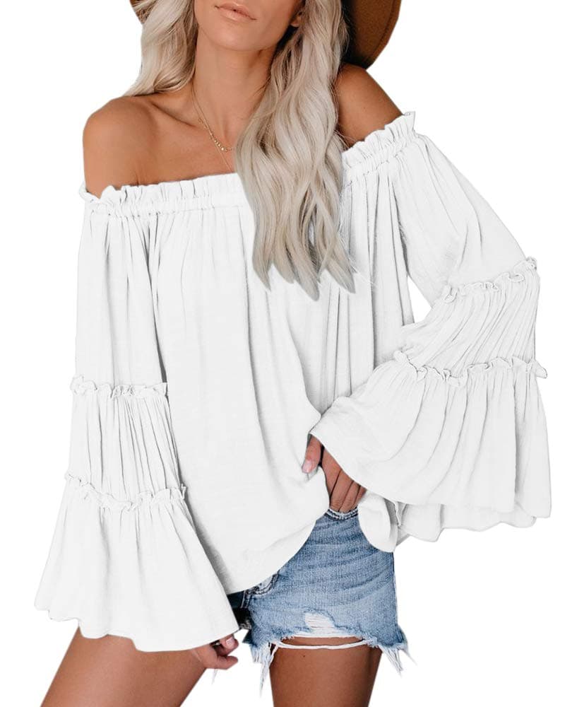 Womens Off The Shoulder Long Bell Sleeve Tops Flared Casual Loose Blouse