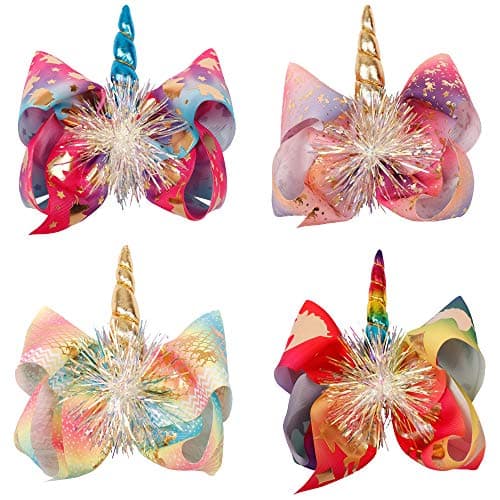 4PCS Large Big Tinsel Foil Hair Bows Rainbow Bow Alligator Hair Clips Unicorn Hair Bows For Baby Girls Toddlers Kids Teens
