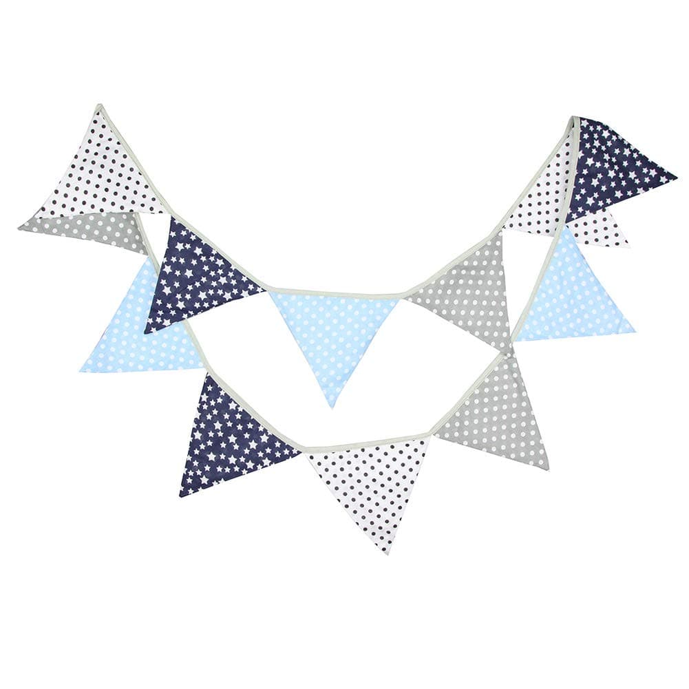 Demiawaking 10ft Fabric Bunting Flags Vintage Stars Dots Outdoor Bunting Banner Pennant Triangle Garland Wedding Birthday Party Bedroom Garden Decoration (Blue+Grey)