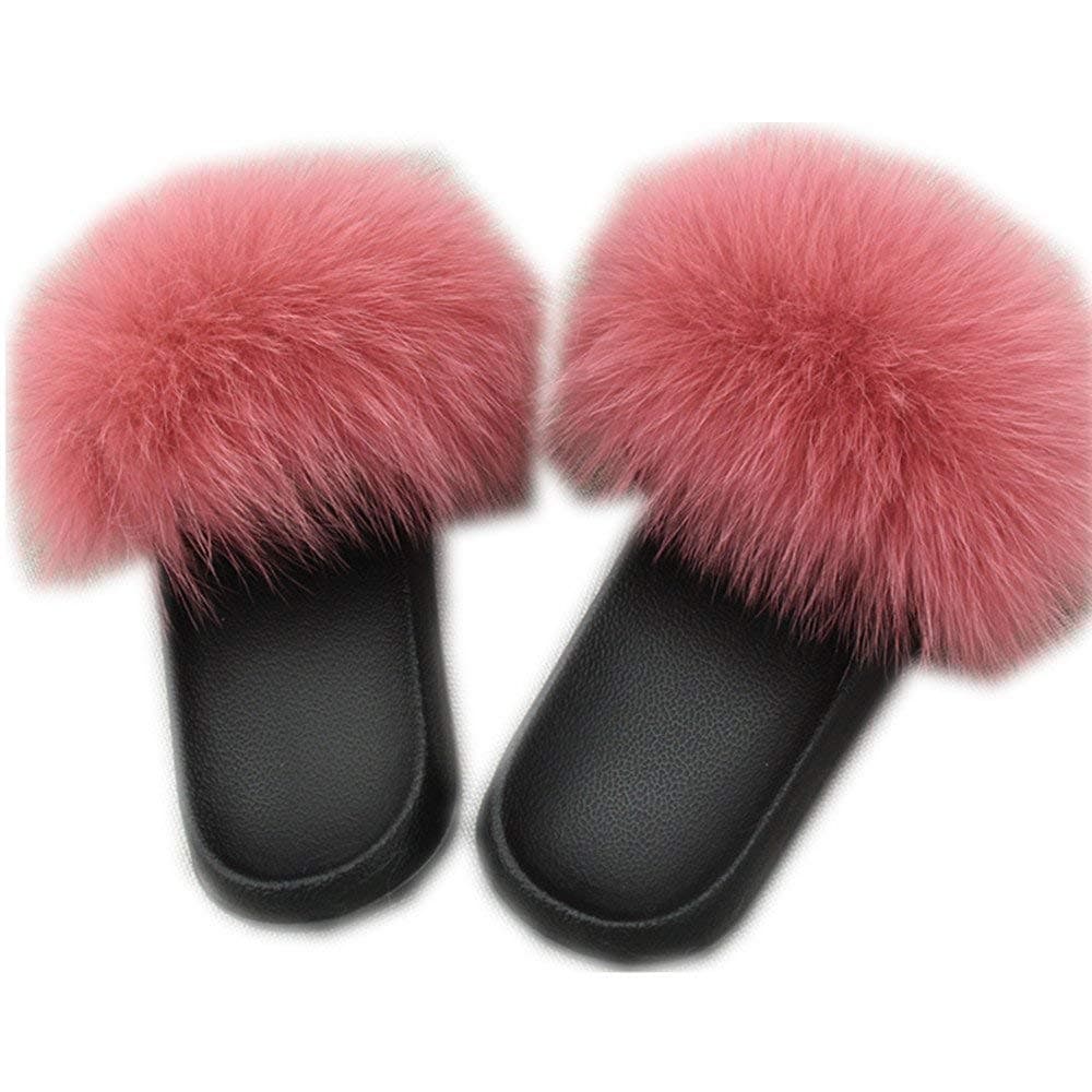 Gegefur Women's Fur Slipper Feather Leather Fur Slides Outdoor Sandals