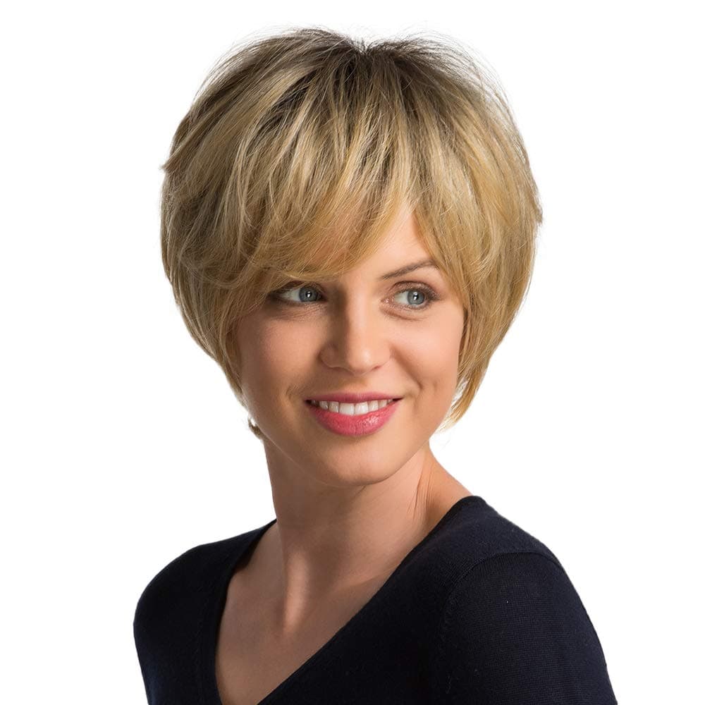 Emmor Short Blonde Human Hair Wigs for Women Blend With Healthy Memory Fiber Pixie Cut Ombre Wig Dark Root,Natural Daily Hair