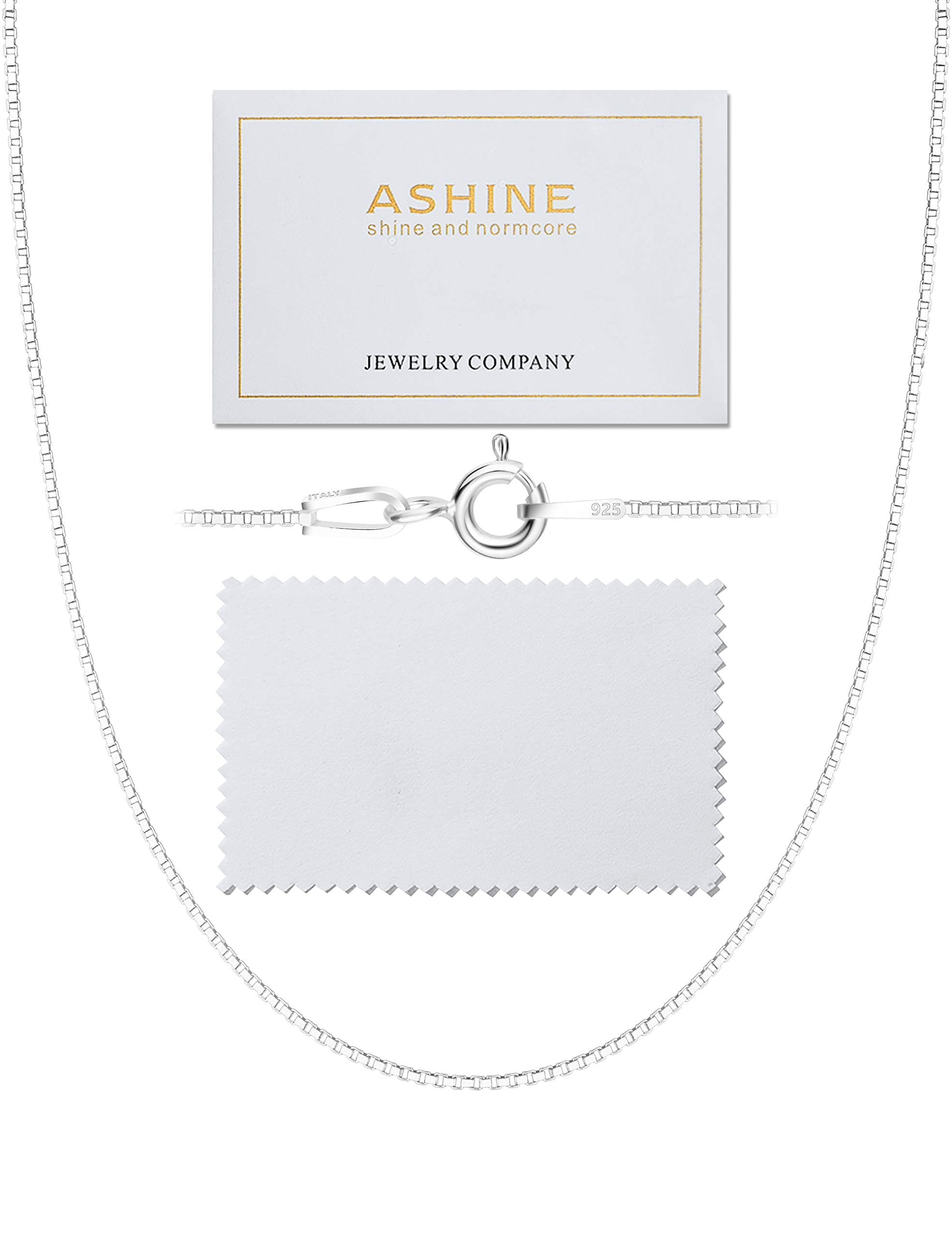 ASHINE 925 Sterling Silver 1mm & 0.8 Italian Box Chain Necklace 16" - 30" with Silver Polishing Cloth/Thin & Strong Necklace for Women Available in 15 Lengths