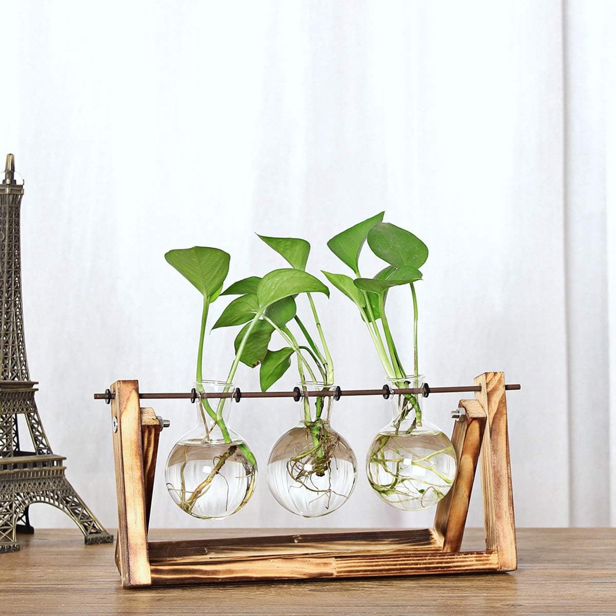 Vintage Creative Hydroponic Plant Transparent Vase Wooden Frame Vase Glass Tabletop Plant Bonsai Decor (Size : 3-Vase Frame(28cm16cm))