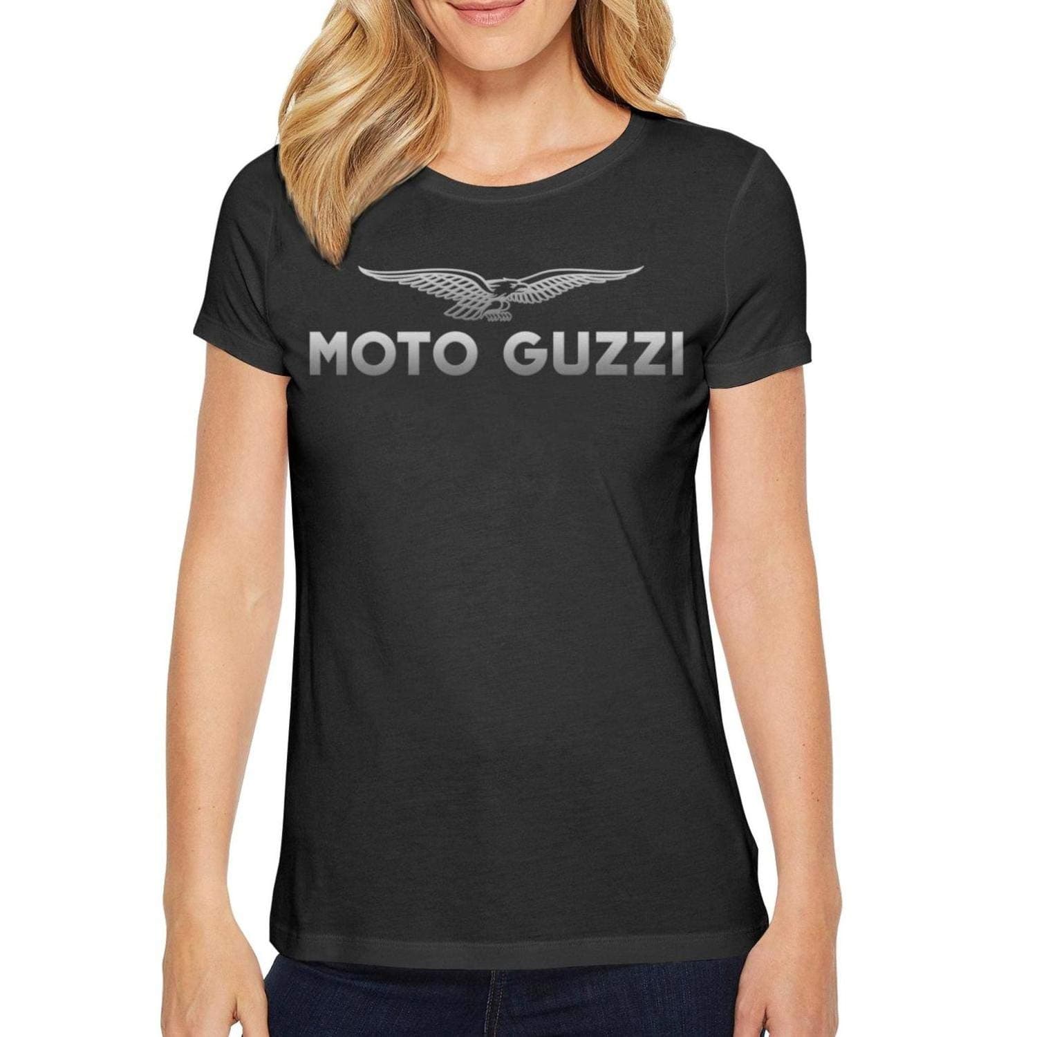 HOIDIA Women's Moto-Guzzi-Motorcycle-Logo- Black Short Sleeved Cotton T Shirts