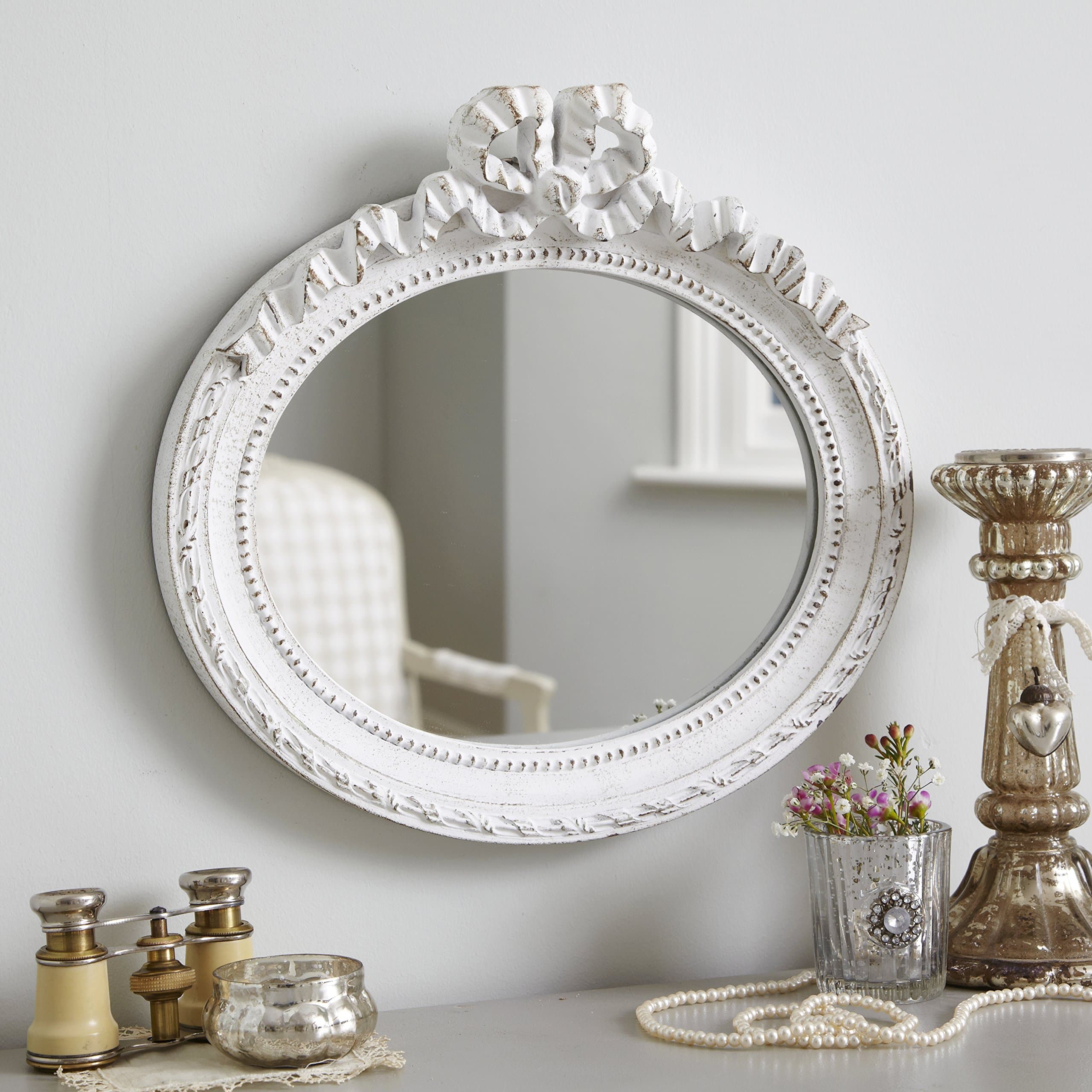 Live Laugh Love Oval Ornate Vintage Shabby Chic Style Wall Mirror With Bow Detail - Antique White