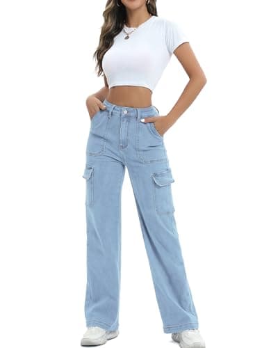 ETTELO Women Cargo Jeans High Waist Y2K Straight Leg Trendy Stretchy Lightweight Jeans for Women