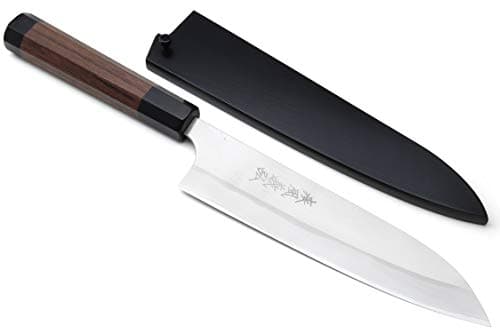 Yoshihiro Blue Steel Gyuto Chefs Knife with Stainless Steel Cladding Rosewood Handle with Lacquered Nuri Saya Cover (7" (180mm))