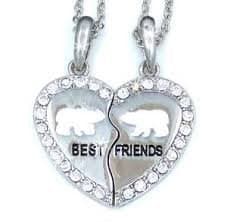 NEW BEST FRIEND Polar Bear Heart Silver Tone 2 Pendants Necklace BFF Friendship