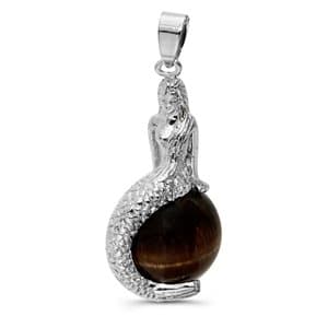 Leelo Jewelry Mermaid Sitting on an Tiger Eye Rock Pendant with Free Satin Cord