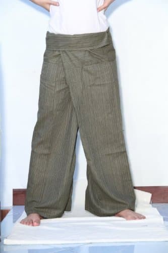 (Striped - Dark Green).!!. Thai Fisherman Pants Cotton 100% Traditional Tailoring Style Yoga Pants , Relax Pants , Clothes Thai Summer