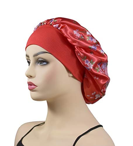 Satin Sleep Bonnet Cap for Women, Wide Band Satin Sleeping Caps Night Hat Head Cover for Natural Hair Loss (Red Flower)