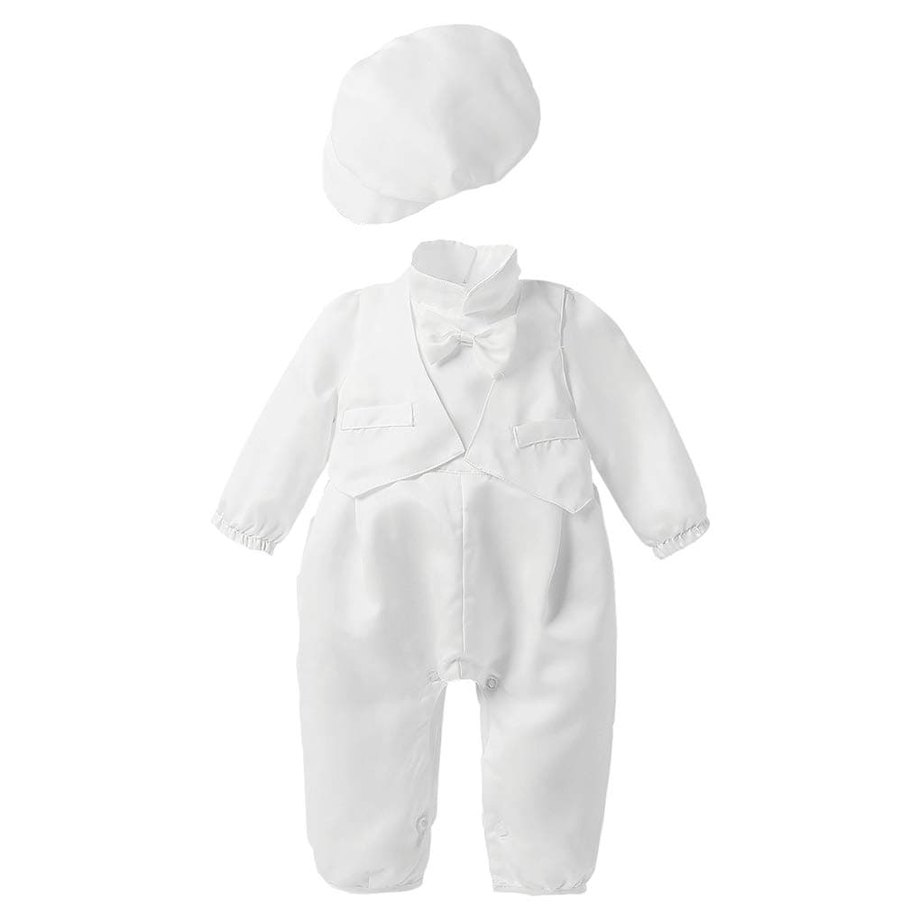Baby Boy Christening Baptism Satin Bowtie Vested Romper Coverall Outfit with Cap