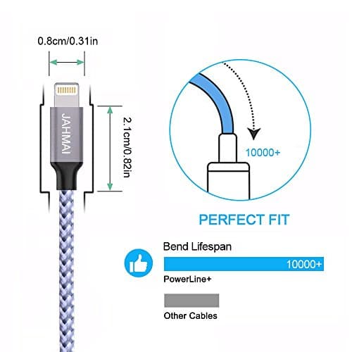 JAHMAI iPhone Charger 3Pack 6Feet 8pin Nylon Braided Lightning to USB cable High Speed Charging Cord Cell Phones Connector for iPhone 7/ 6S / 6 / Plus/ 5s / 5C/ iPad Power Cables(White)