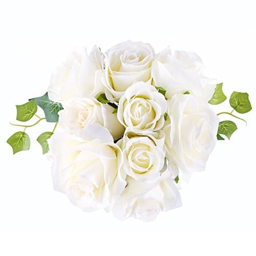 ADolinGo Artificial Flowers Simulation Rose Fake Silk Flowers 12 Heads Bouquet Wedding Decor (White)