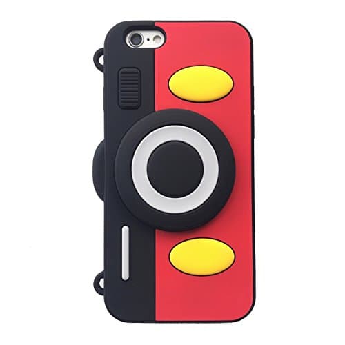Soft Silicone Mickey Mouse Camera Case with Length Adjustable Strap for iPhone 6 Plus / 6s Plus 6+ 6s+ LARGE SIZE 5.5 Red Black Color 3D Disney Cartoon Cute Lovely Design Gift Girls Teens Kids Boy