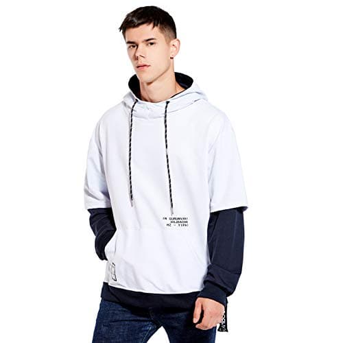 wetailor Mens Contrast Color Pullover Hoodie Patchwork Hoodies (White, M)