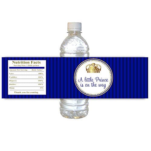60 Water Bottle Sticker Labels Blue Gold Prince Baby Shower