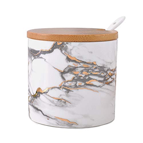 Ceramics Marble Pattern Sugar Bowl Spice Jar with Lid and Spoon Seasoning Box Condiment Pots 8.6 Ounces Gray