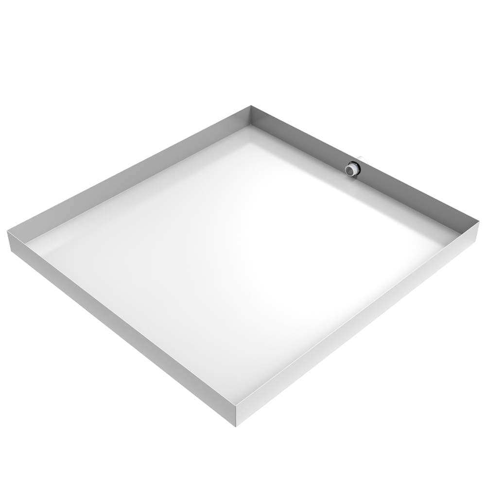 32" x 30" x 2.5" White Metal Washing Machine Tray with PVC Drain Fitting | Water Damage Prevention | No Leak | Made In The USA | Welded Water Tight