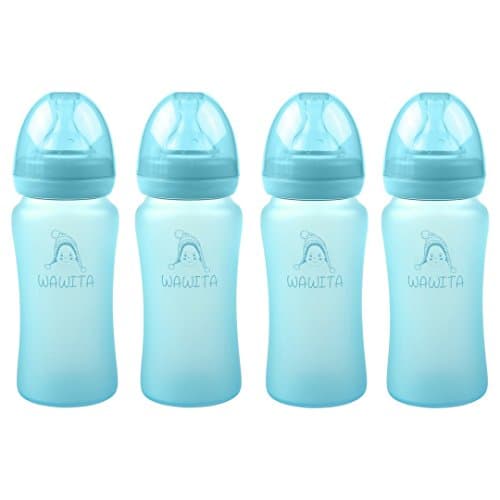 Wawita Glass Baby Bottle with Unique Silicone Protection, Anti-Colic Soft Silicone Nipple, Lightweight Breastfeeding Bottle, Medium Flow, 4 Count (Blue, 8 Ounces)
