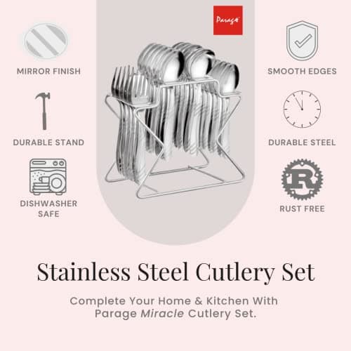 Parage Miracle Stainless Steel Cutlery Set of 25, Contains, Dinner Spoons Set of 6, Tea Spoon Set of 6, 6 Fork, 6 Soup Spoons, 1 Stylish Stand, Elegant Cutlery Set for Dining Table, Mirror Polished