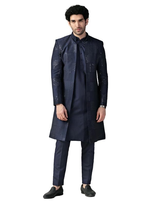 KISAHMen's Indo Western Kurta Sherwani Trouser Set, Blue Viscose Rayon, Embellished Regular Fit Mandarin Collar Long Sleeves