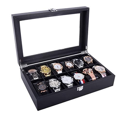 AUTOARK Leather 12 Watch Box Glass Top Watch Jewelry Display Case Organizer,Black Pillow,AW-058