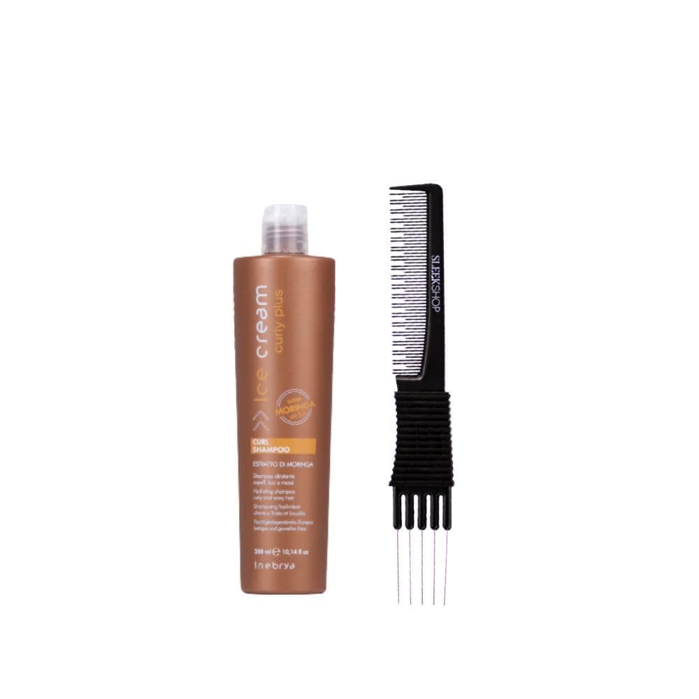 Inebrya Ice Cream Curly Plus Curl Shampoo (10.14 oz) with Teasing Comb Pack of 1