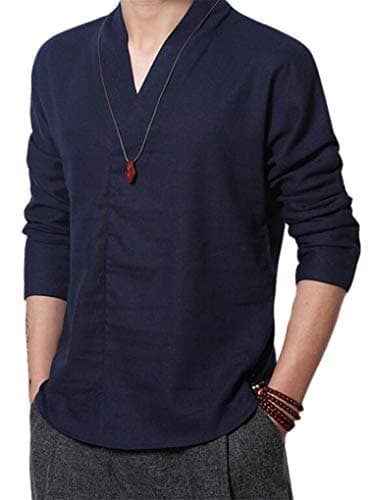 Cafuny Mens Long Sleeve V Neck Natural Linen Popover Shirt Casual Henley T Shirt Top S Navy