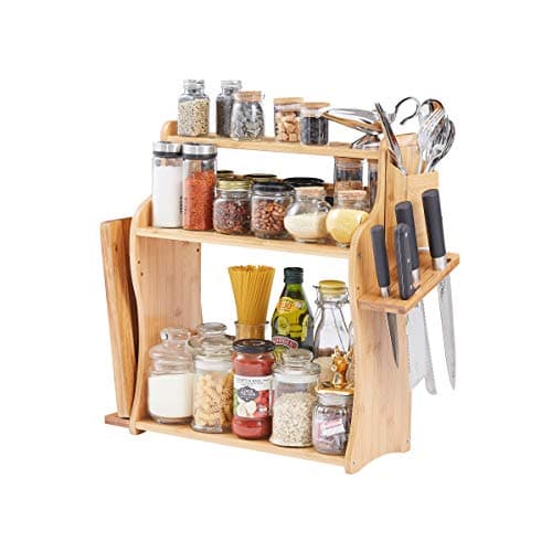 Spice Rack Bottle Jars Holder Kitchen Bathroom Countertop Storage Organizer Free Standing Bamboo with Holder & Chopping…
