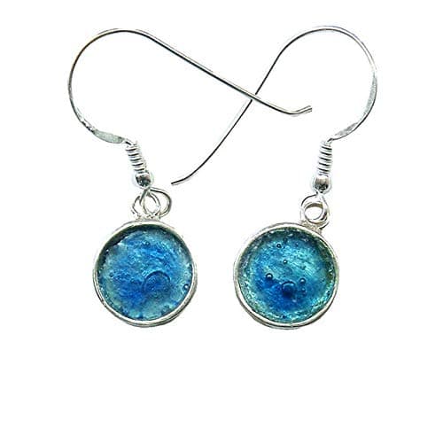 Niibuhr JewelryRound Blue Earrings in 925 Sterling Silver with 2000 year Historic Ancient Roman Glass | Unique Roman Empire History | Handmade Artisan Jewellery for Women | Archeological Glass Fragments
