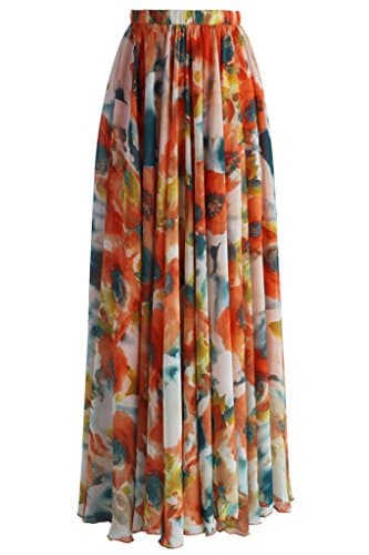 Annflat Women's Floral Printed Frill Chiffon Maxi Skirt XX-Large Orange